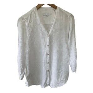Foxcroft 100% Cotton Crinkle Drawstring Ruched Tie Sleeves Button Down Shirt M